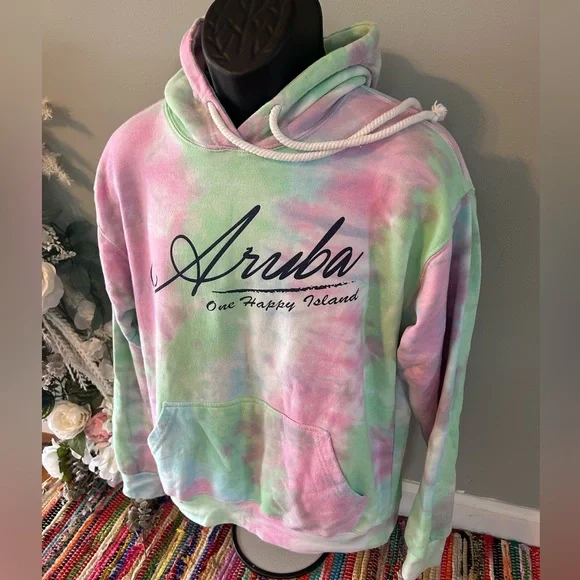 Aruba One Happy Island Tie Dye Hoodie Sweatshirt Medium - Picture 2 of 6